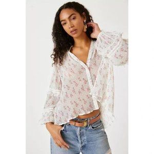 Anthropologie NWT Sz 12 L Ivory Floral Pleated Peasant Top Ruffle Button Front